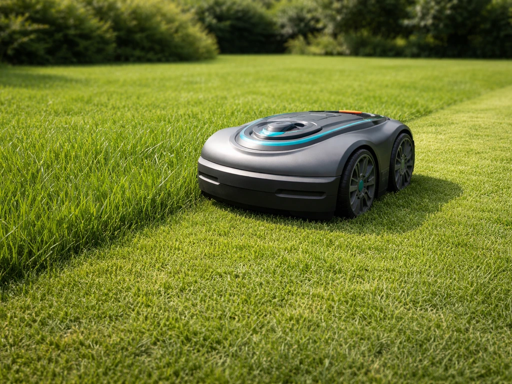 Robotmaaier maait een gazon; kort gemaaid gras en contrast met iets langer gras voor maaihoogte.