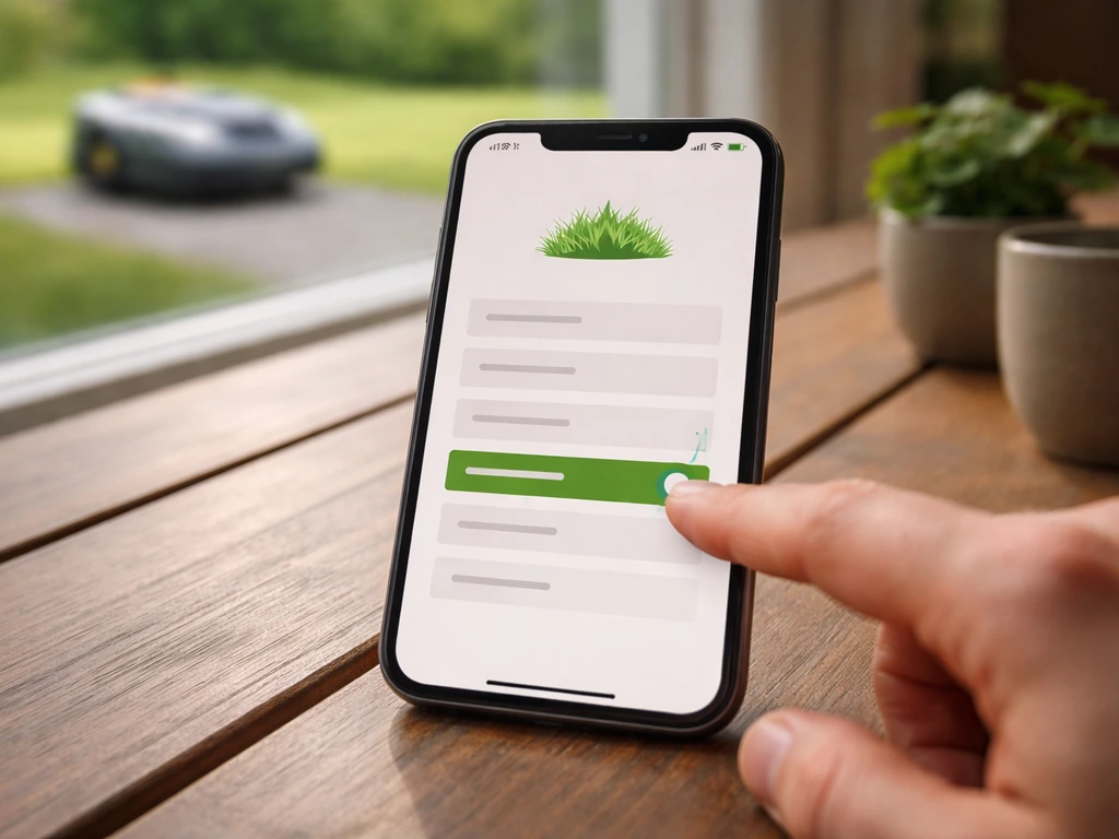 Close-up van een smartphone met een app-instelling voor maaihoogte en een robotmaaier op de achtergrond.