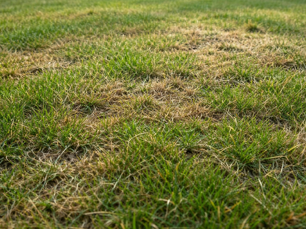Close-up van een gazon met bruine en gele vlekken net na het maaien door te kort maaien.