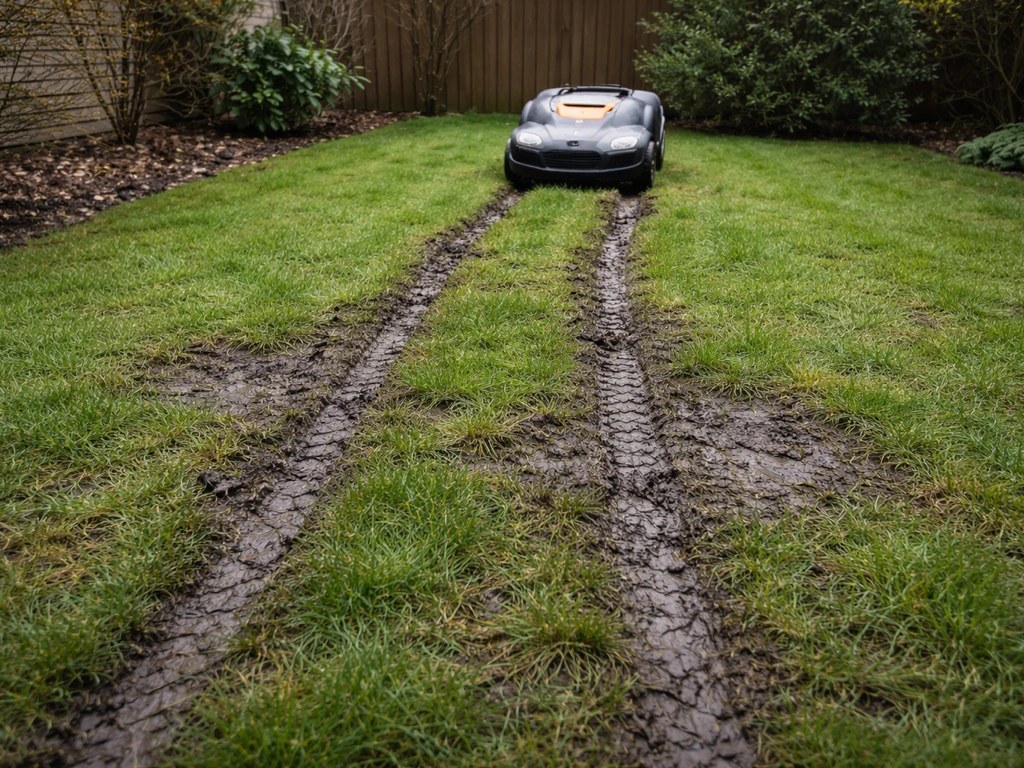 Robotmaaier op nat gras met beschadigde zode en kale plekken door rijsporen en wielsporen