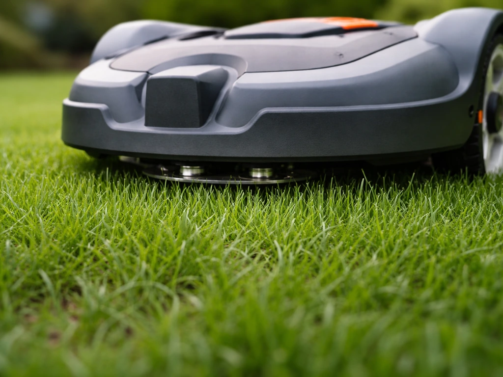 Close-up van een kooimaaier op Engels raaigras bij 4–5 cm maaihoogte, met intacte grasgroeipunten.