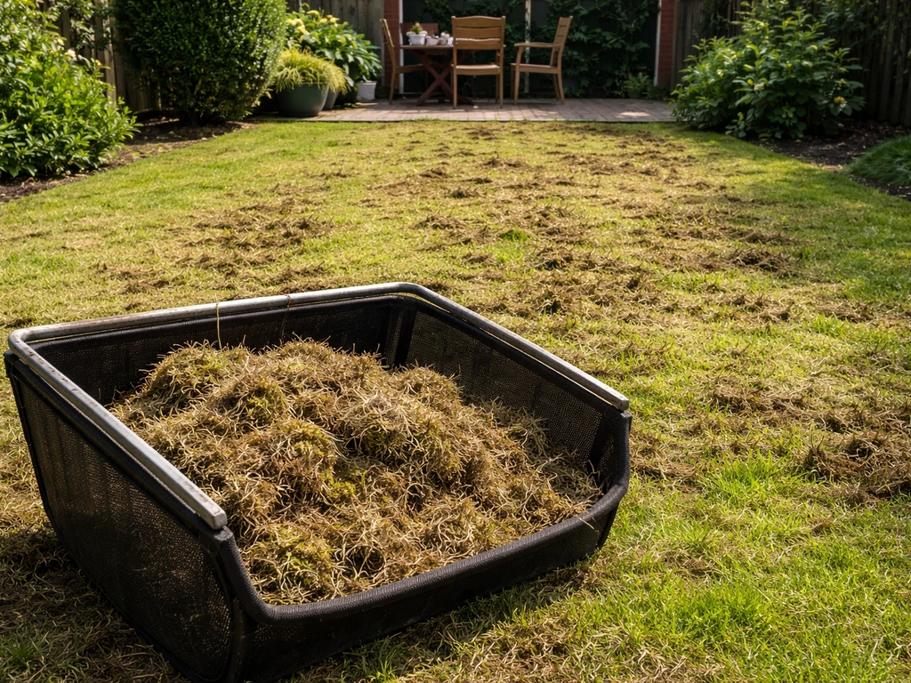Gevulde vangmand met losgekomen vilt en mos uit een verticuteerde grasmat in een tuin.