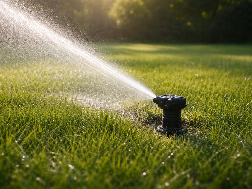 Sproeier op Engels raaigras met duidelijke waterstraal vroeg in de ochtend, natte gazonzones