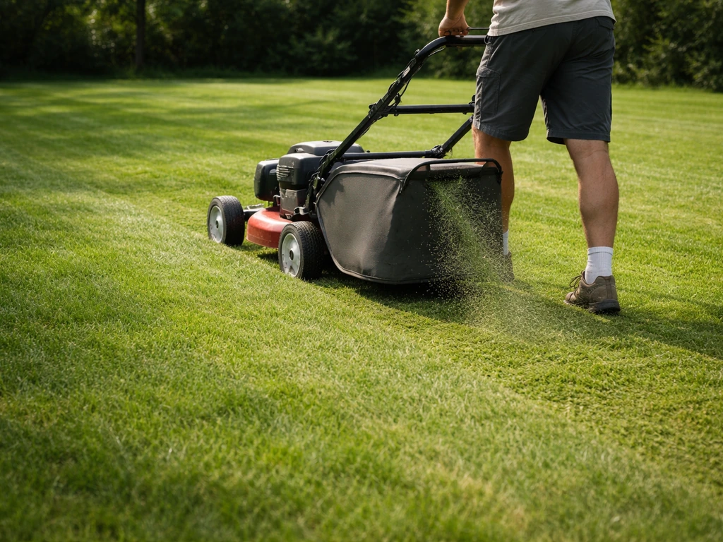 Iemand die gras maait met een grasmaaier met opvangbak, maaisel wordt direct opgevangen