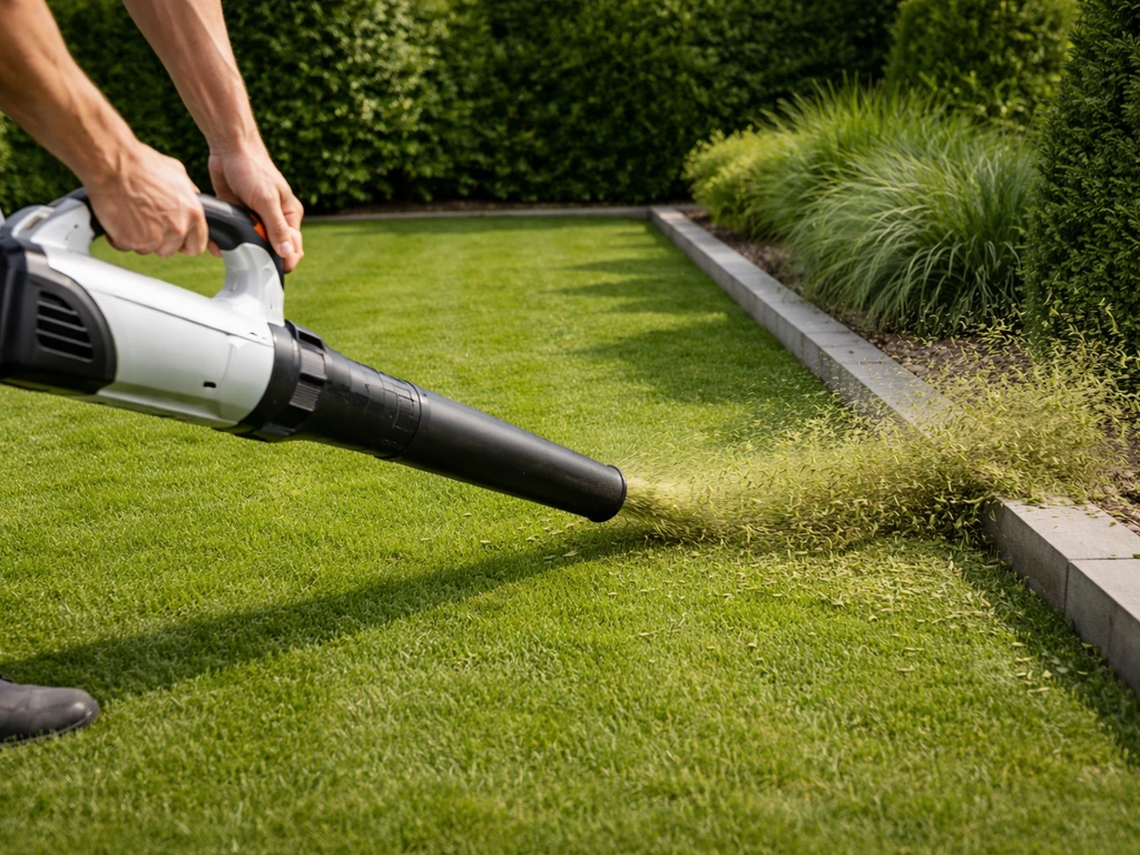 Tuinier blaast droog maaisel van het gazon richting een hoek, zodat het daarna eenvoudig opgeschept kan worden.