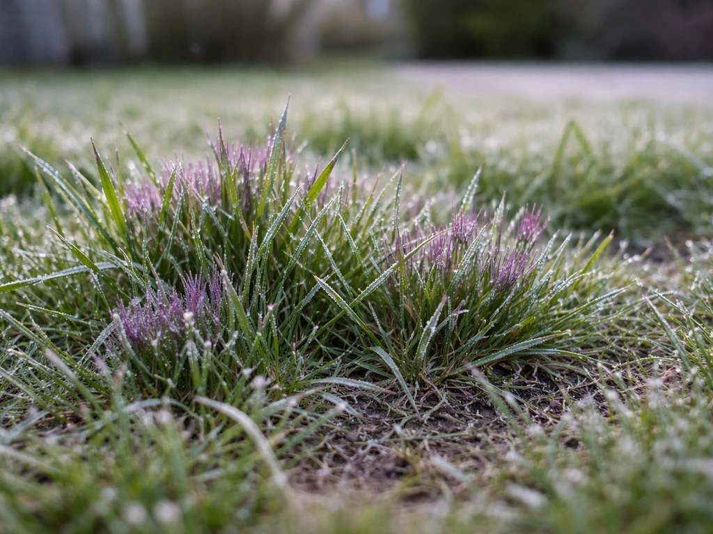 Vroegevoorjaars gras dat paarsig verkleurt door koude, met koele lucht en minimale tuinomgeving