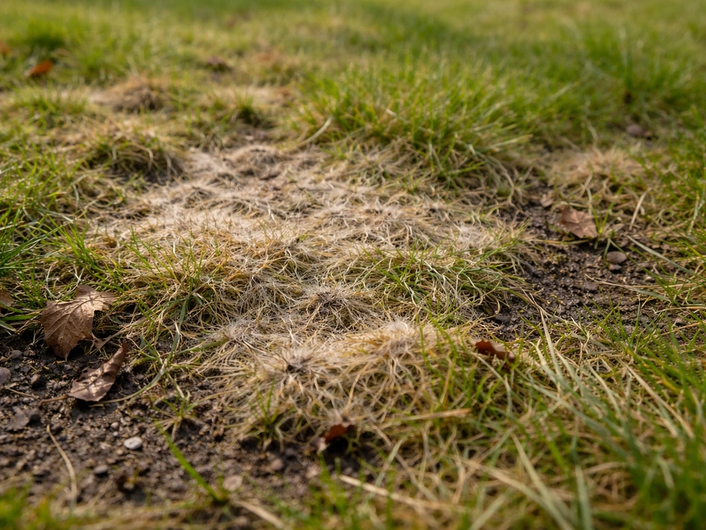 Close-up van een gazonstuk met ongelijk beschadigd gras en bruine/roestige plekken, passend bij sneeuwschimmel.
