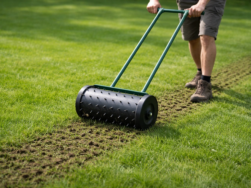 Anonieme tuinier belucht een gazon met een prikroller; het spoor met gaten en kerfjes is zichtbaar.