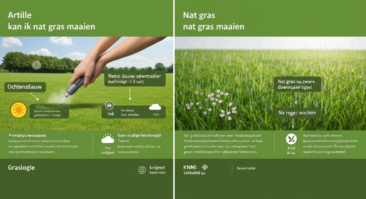 Infographic splitbeeld: links dauw op gras en maaien na 1–2 uur, rechts nat gazon met wielen en waarschuwing; centrale beslisflow met knijptest-icoon.
