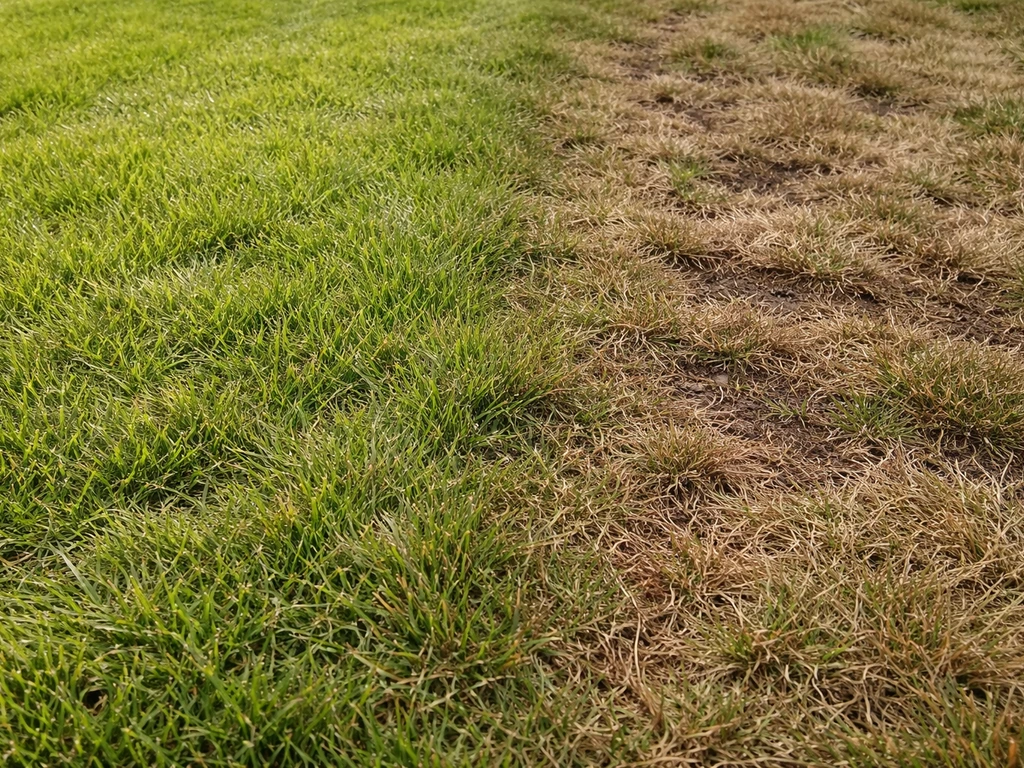 Close-up van gazon: links geel en egaal, rechts bruine vlekken met andere textuur.