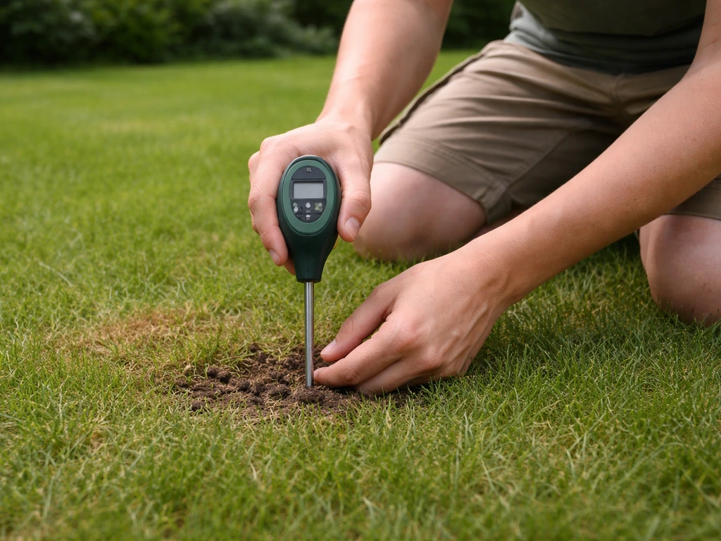 Knieende tuinier checkt met vochtmeter de bodem in een gazon met subtiele bruine plekken.