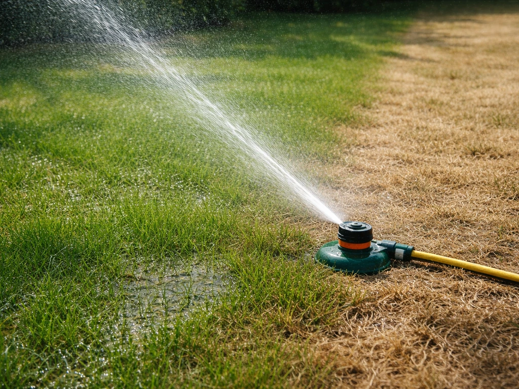 Gazonsproeier die gericht water geeft op bruin gras met duidelijke natte en droge plekken