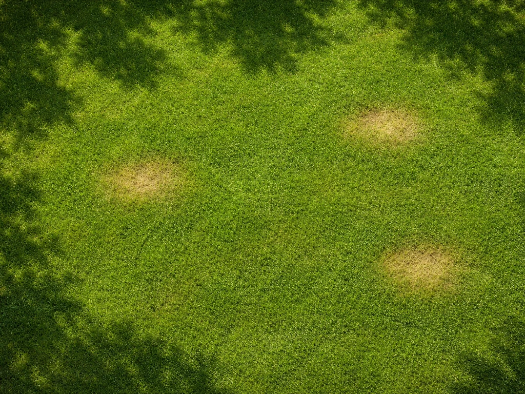 Bovenaanzicht van een groen gazon met enkele ronde plekken waar het gras slapper lijkt.