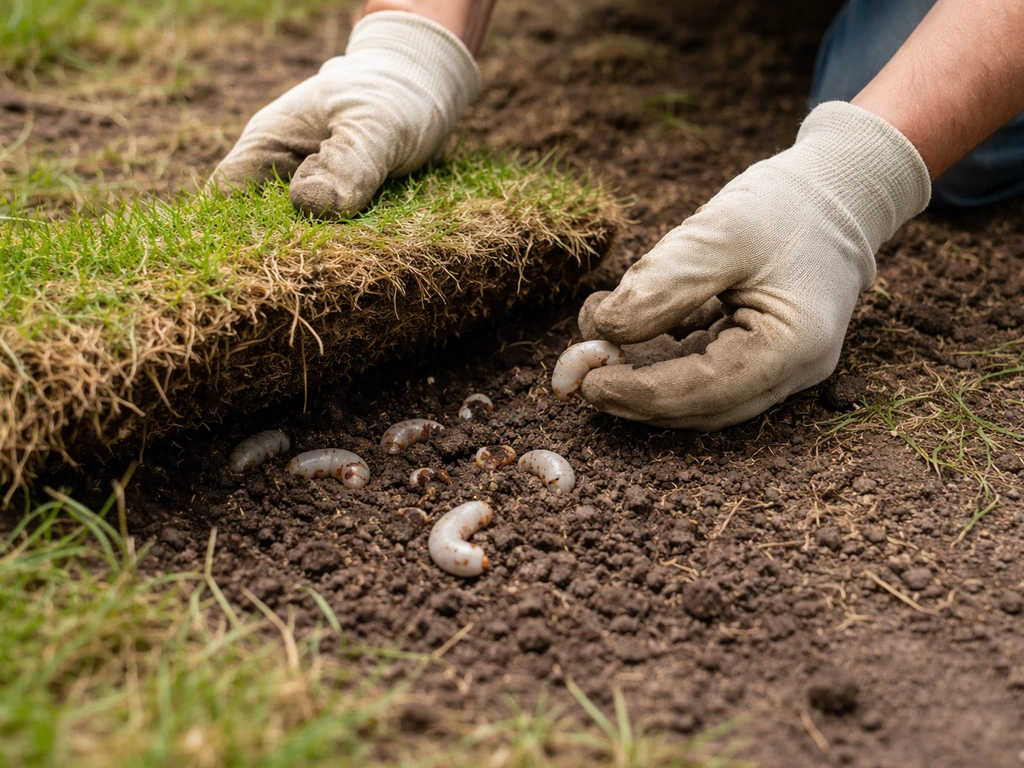 Iemand tilt aangetaste graszode op en raapt witte engerlingen met handschoenen op in een kleine tuin.