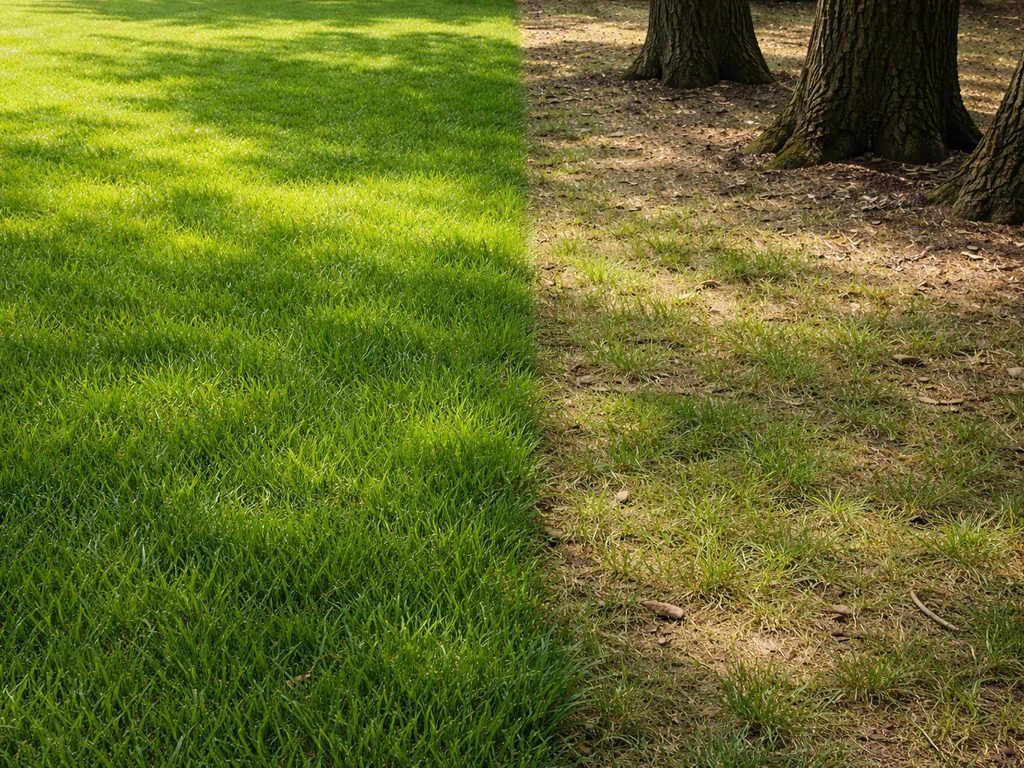 Zonnig Engels-raaigras groeit dicht en groen; ernaast bij schaduw onder bomen is het gras dunner.