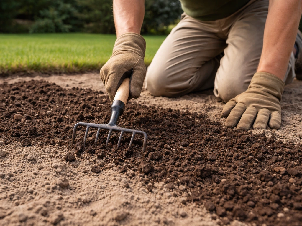 Tuinier die rijpe compost uitdeelt en ingewerkt op zandgrond in een gazonstrook