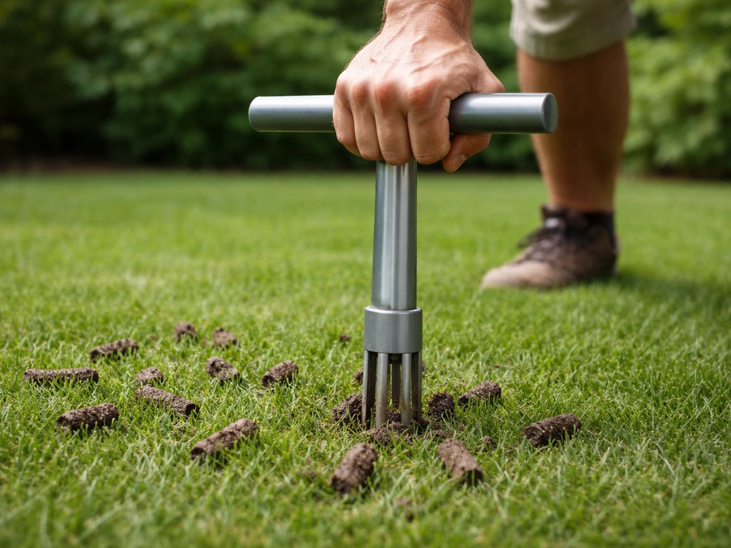 Close-up van een holle gazonbeluchter die kernen in het gazon prikt voor betere drainage.
