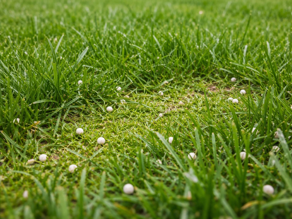Close-up van net bemest gazon met mestkorrels en een nat/te jong uitziende graszone die schimmel kansen geeft.