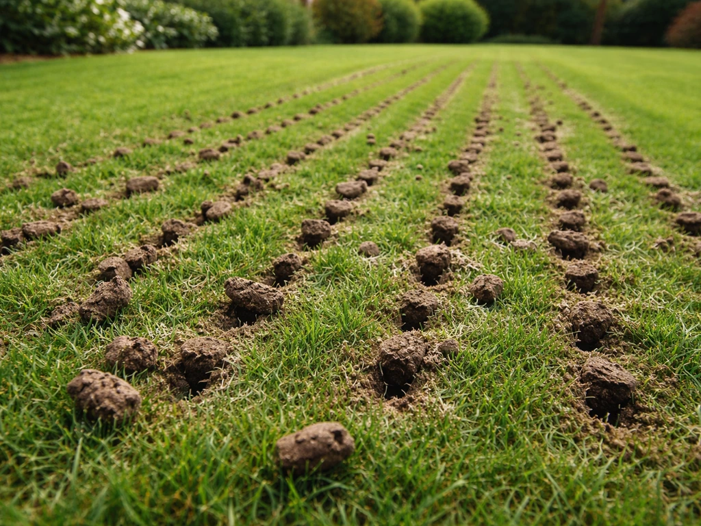 Groen gazon met zichtbare beluchtingsgaatjes en bodemkruimels die licht oprijzen na beluchten