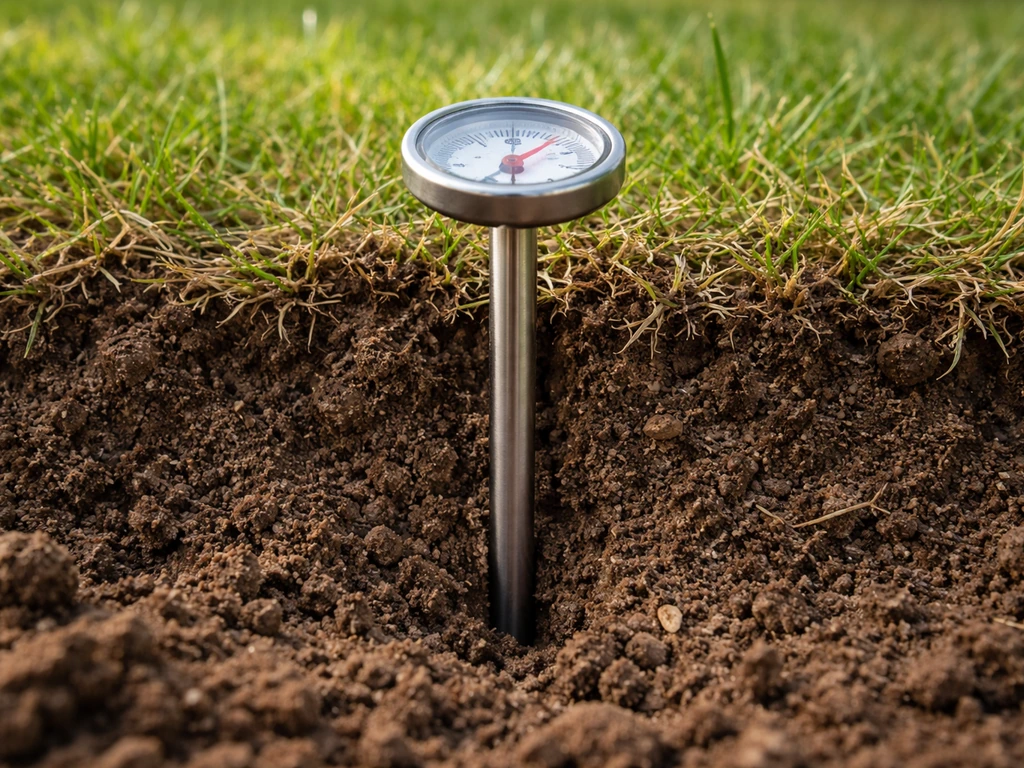 Bodemthermometer in de grond op gazonniveau, close-up bij het meten van bodemtemperatuur.