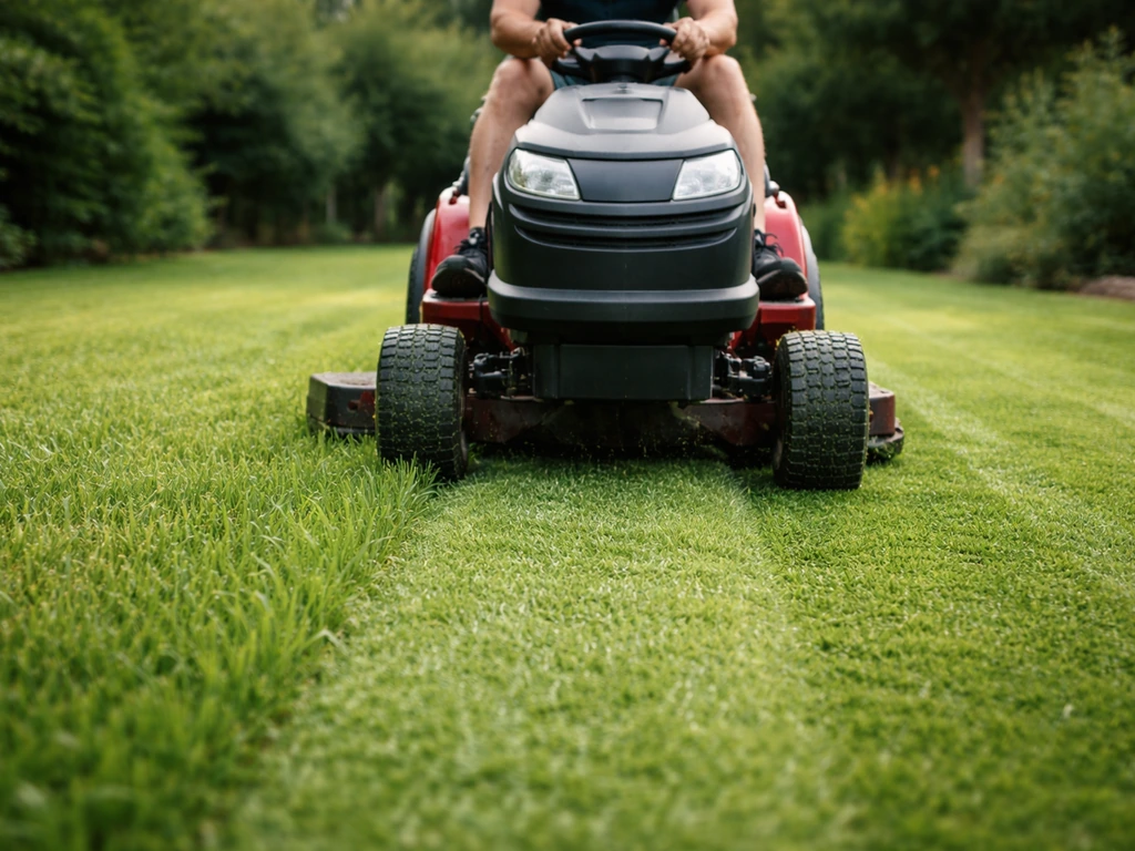 Tuinmaaimachine die een gazon terugmaait met zichtbaar maaispoor en kort, vers gemaaid gras.