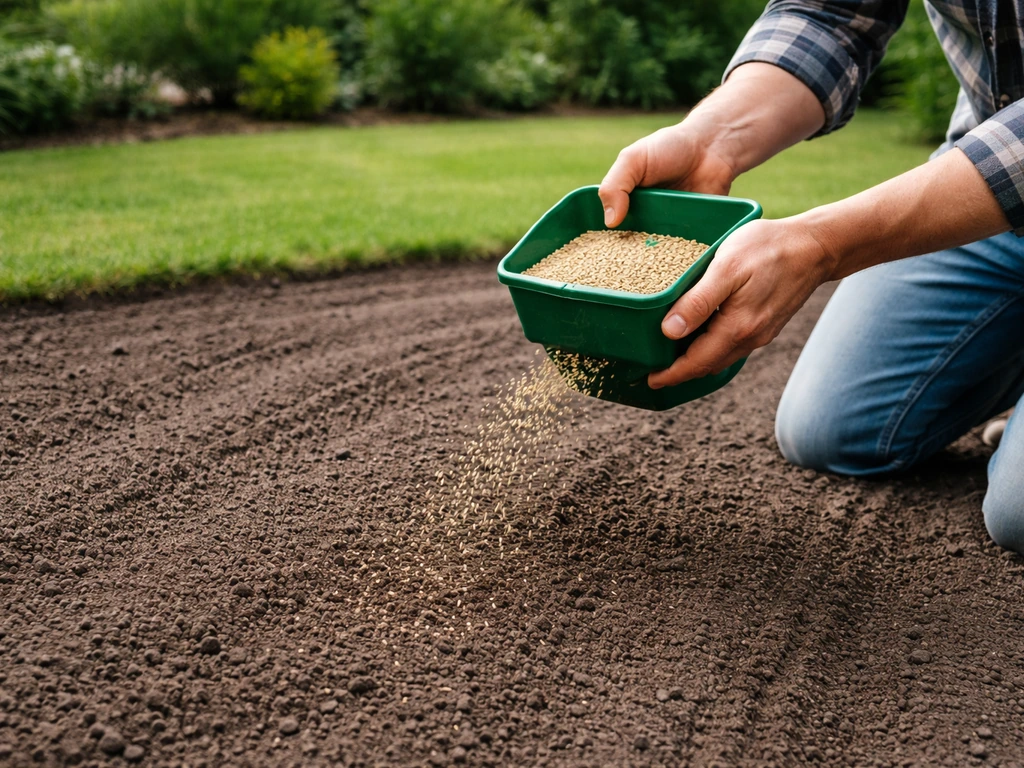 Handen en handstrooier die graszaad uitstrooien op een licht opengeharkte, onkruidvrije tuinbodem.