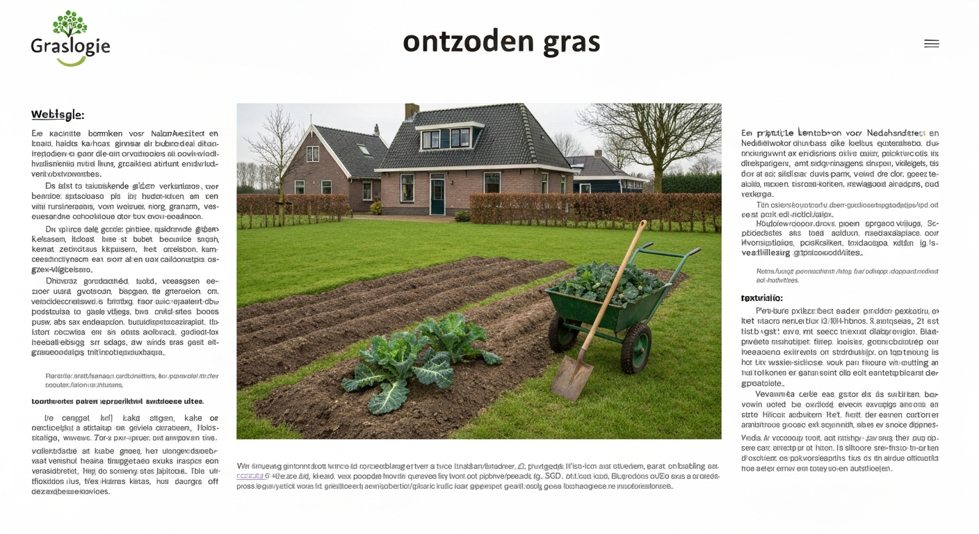 Nederlandse achtertuin tijdens ontzoden: kale grond, opgerolde zoden in kruiwagen en zodensnijder; bakstenen huis op achtergrond.