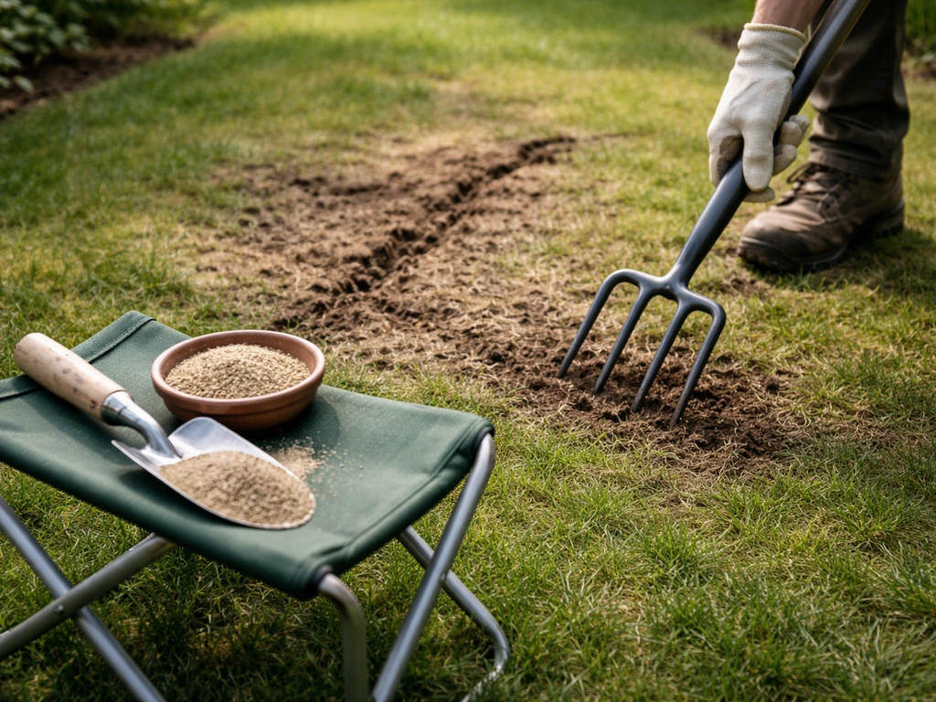 Hand met grondluchter in beschadigde tuinbodem, met graszaad en topzand klaar voor herstel.