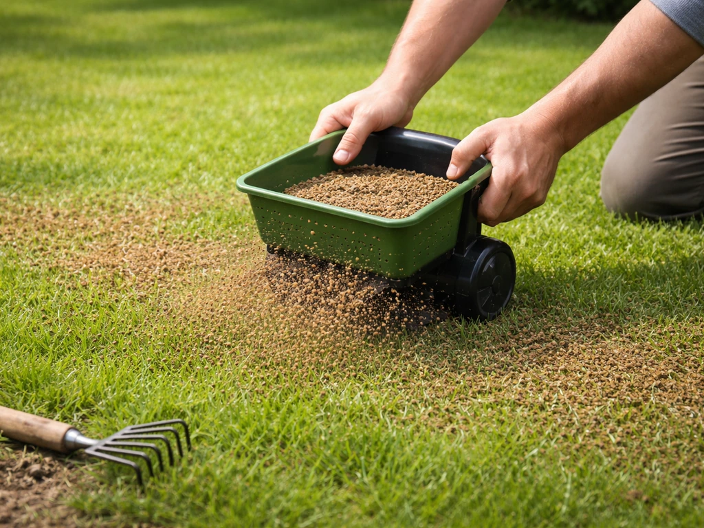 Dunne, gelijkmatige laag compost die met handverdeler over groen gazon wordt gestrooid.