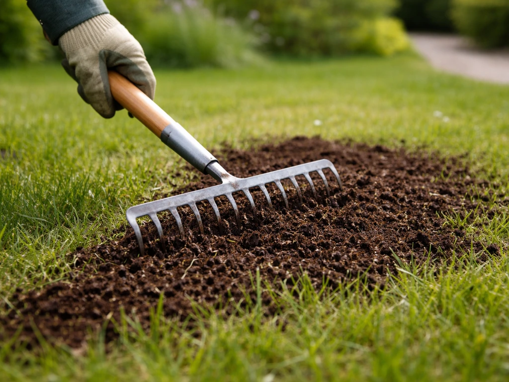 Hark en compost op een Nederlands gazon tijdens het voorjaar, met frisse groene graspolen.