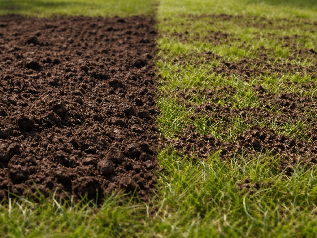 Voor/na-achtig beeld: een deel met te dikke compostlaag tegenover een dunne toplaag bij een gazon