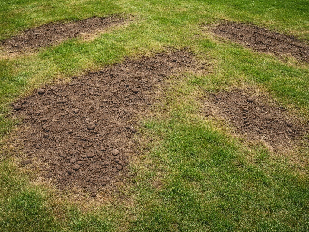 Bovenaanzicht van een Nederlands gazon met bruine verbrand-plekken en omgespit gras als herstelactie.