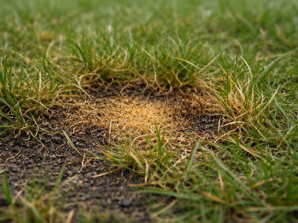 Close-up van bruine, verschroeide grassprieten met lichte verbrande plekken op een gazon.