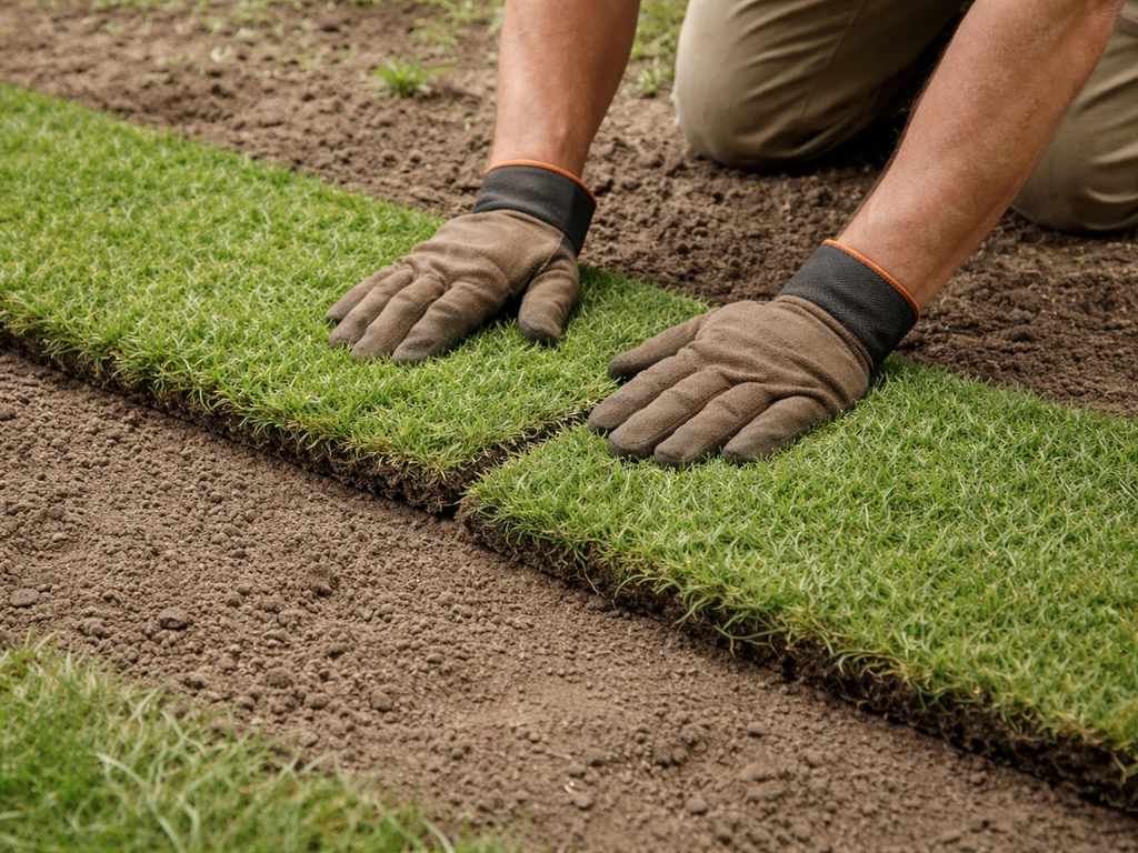 Twee graszoden rollen op een kale strook, strak tegen elkaar gelegd en aangedrukt
