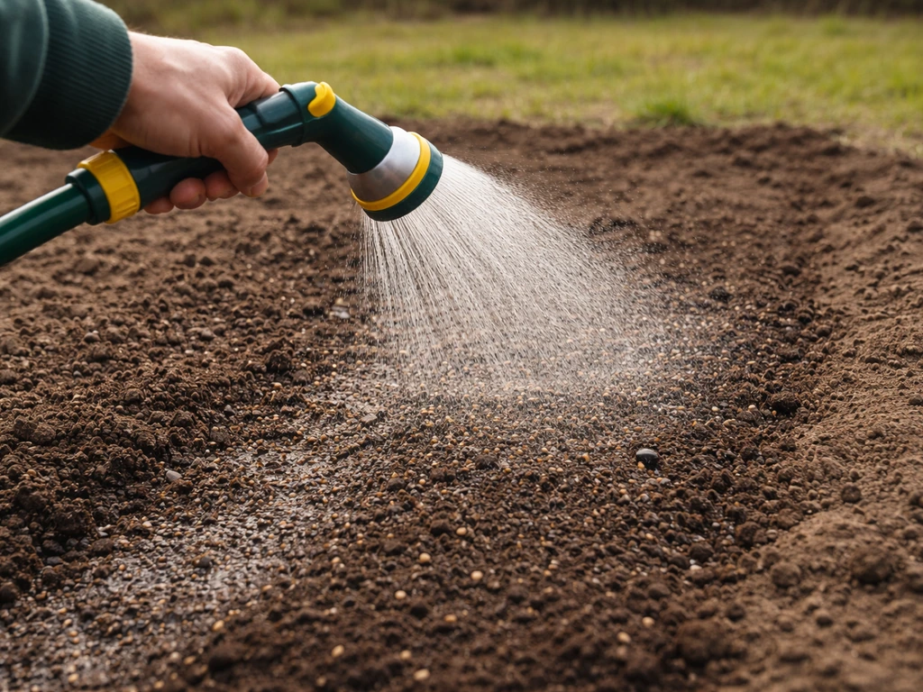 Tuinman besproeit net ingezaaide grond met fijne sproeinevel uit een gieter/tuinslang