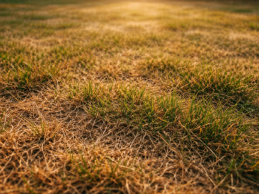 Zonnig, gedeeltelijk verdroogd gazon met vilt en zichtbare grassprieten in stress-sfeer.