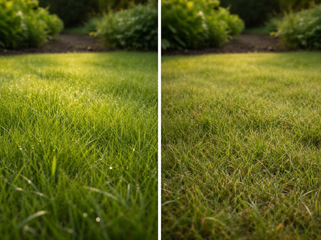 Links weelderig fris gras in late lente, rechts droger mat gras richting zomer in hetzelfde gazon.