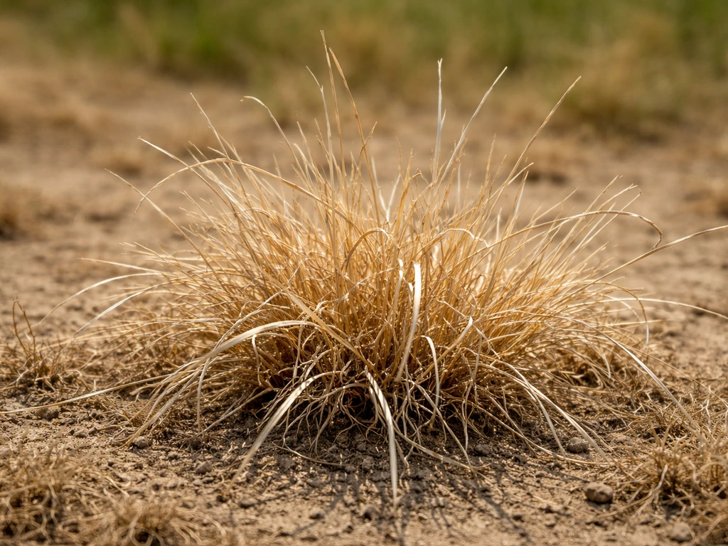 Verdroogd, wittig gras met schraal blad in droge hitte, zonder sproeien in beeld