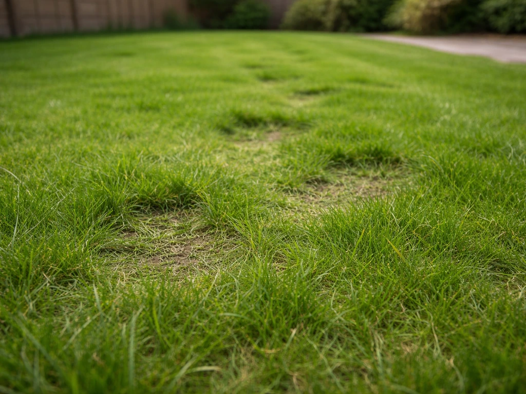 Ingedrukte, verdichte stroken in een gazon met platgedrukte grassprieten door veel betreding.