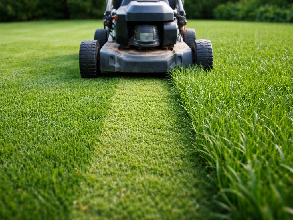 Grasmaaier die een egale baan maait op 4–5 cm, met vers gemaaid gras naast intact gras.