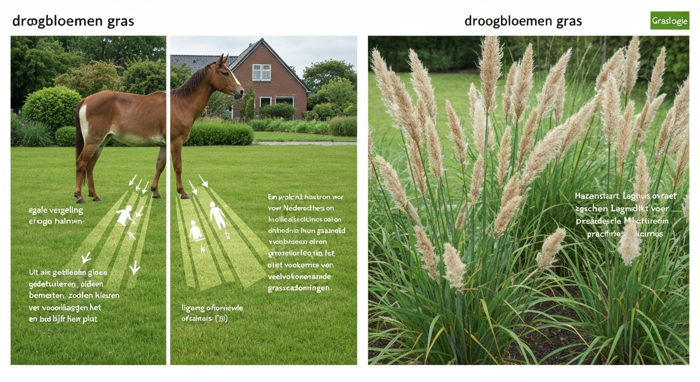 Splitbeeld: links verdord gazon met voetstaptest en droge grond, rechts droogboeket van siergrassen (hazenstaart, pampasgras, prachtriet)."},