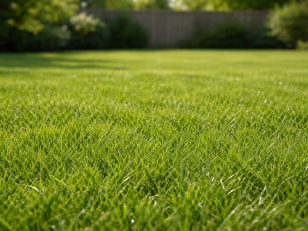 Close-up van een gezond, dicht groen gazon met duidelijke grassprieten in natuurlijk licht.