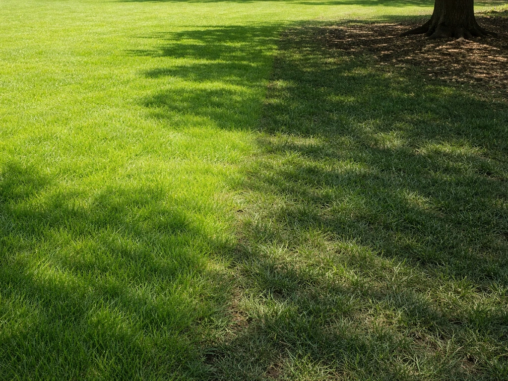 Gazon met duidelijke overgang: groener en voller in de zon, dunner en donkerder in de schaduw.