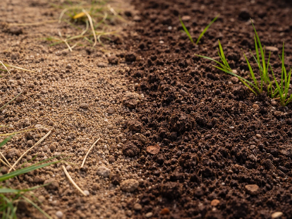 Links droge zandgrond met vergeelde grassprietjes, rechts donkerdere vochtige bodem met frisse sprieten naast elkaar.