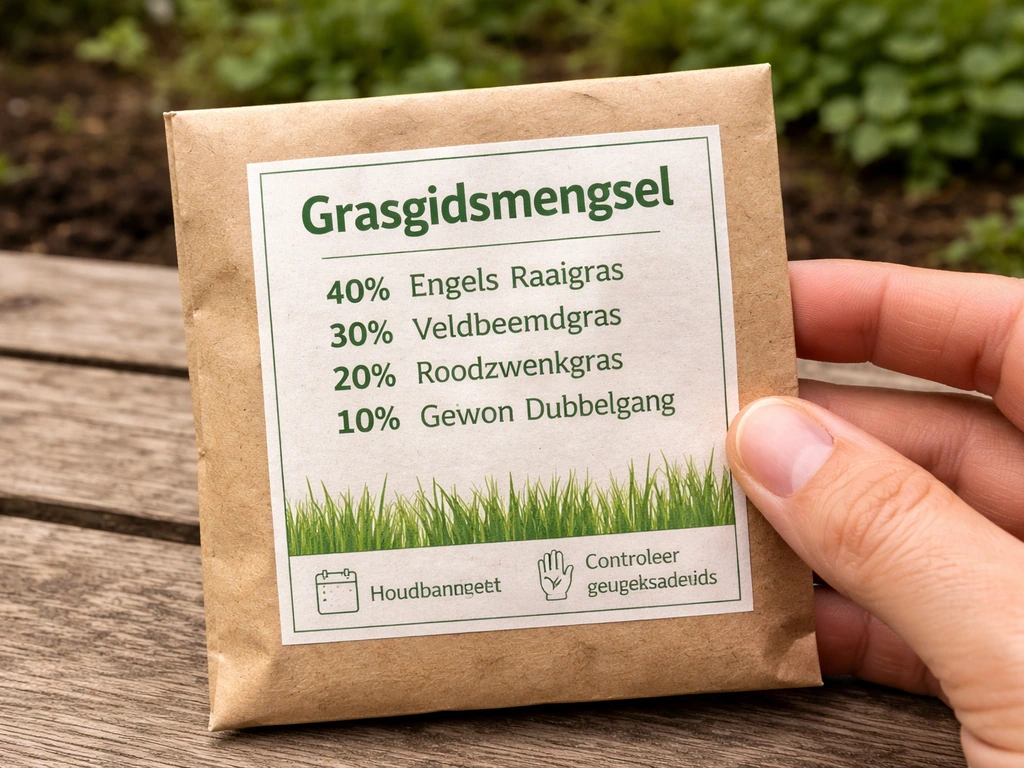 Close-up van een graszaadverpakking met duidelijk zicht op mengsaanduiding en rasseninhoud op het label.