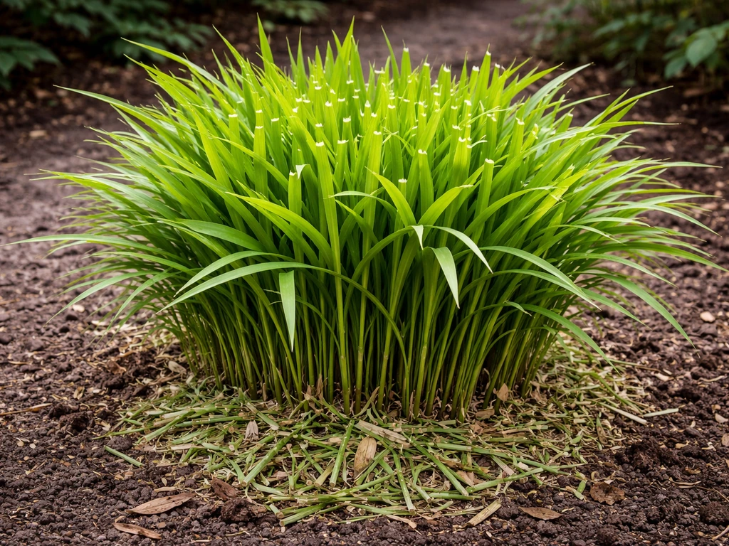 Frisse pol bamboegras in een Nederlandse tuin, vlak na het snoeien, met opgeruimde basis en groene halmen.
