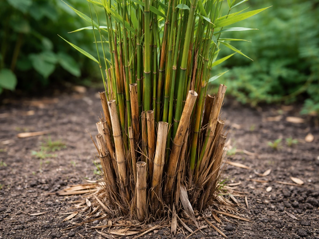 Close-up van een bamboegras-pol met groene levende en bruine dode halmen in een tuin.