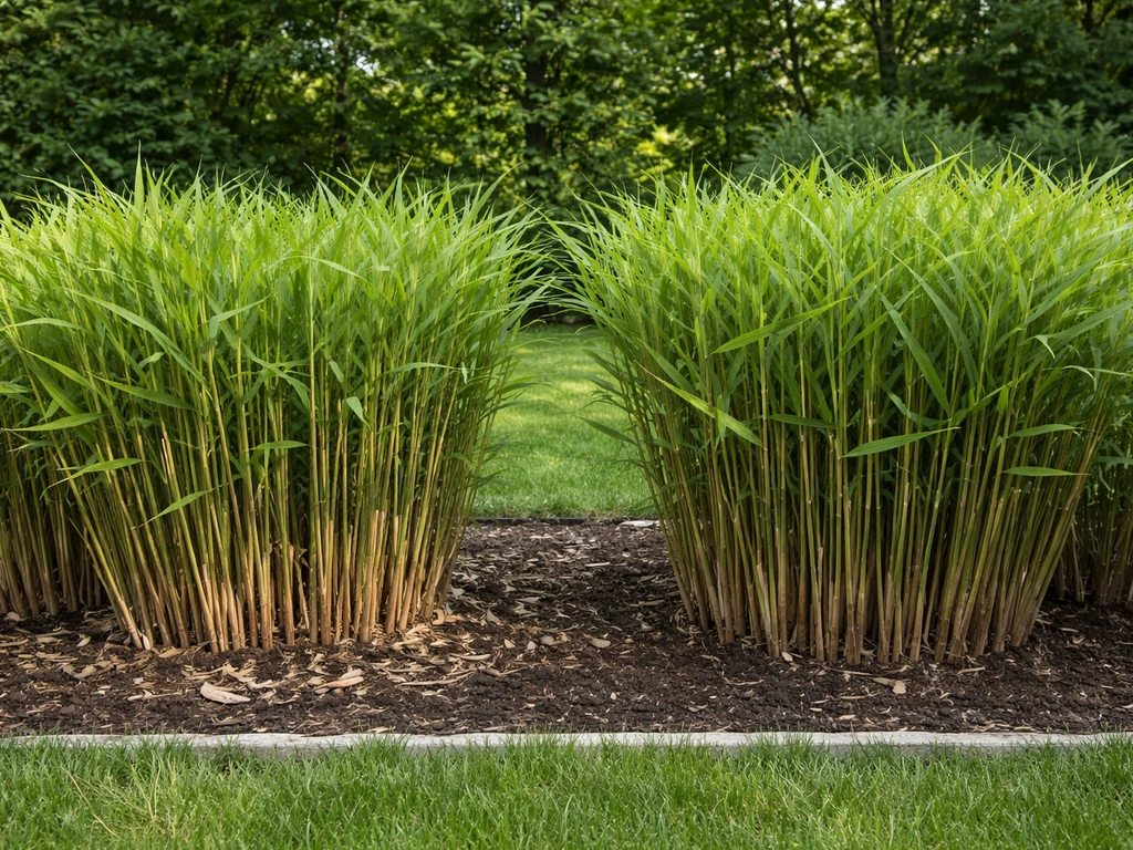 Tuin met verschillende bamboe-/siergrassen: een rij dikke halmen en een plek waar dode halmen zijn verwijderd.