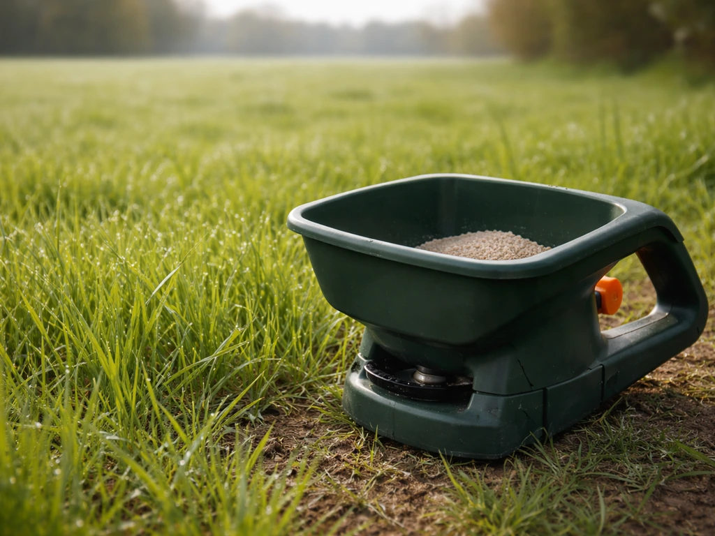 Anoniem grasveld met zichtbare verse groeisprieten, en een lege handstrooier op een eenvoudige grasrand