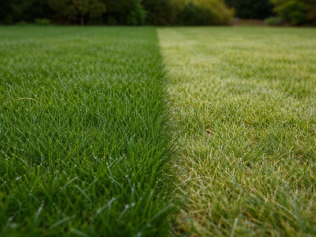 Donkerder, gelijkmatiger groen gras naast een lichtere strook op hetzelfde gazon, voor/na-effect.
